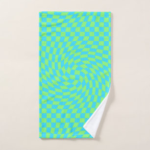 Fresh Light Blue & Green Warped Checkered Pattern  Hand Towel