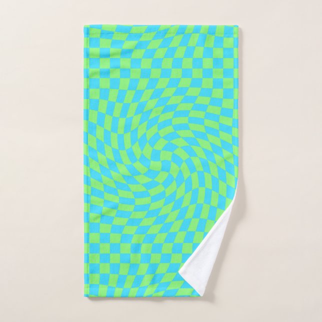 Fresh Light Blue & Green Warped Checkered Pattern  Hand Towel (Hand Towel)