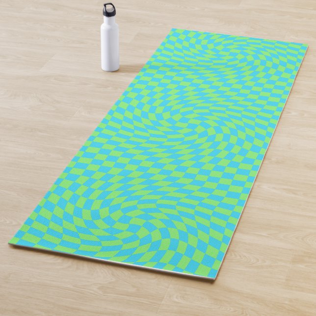 Fresh Light Blue & Green Warped Checkered Pattern  Yoga Mat (In Situ)