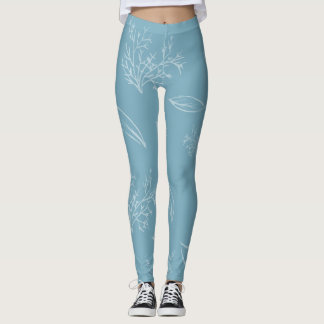 Fresh Light Blue Natural Pencil Sketch Floral Leggings
