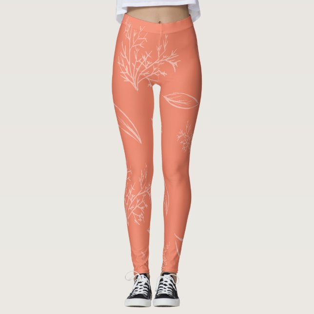 Fresh Light Red Natural Pencil Sketch Floral Leggings (Front)