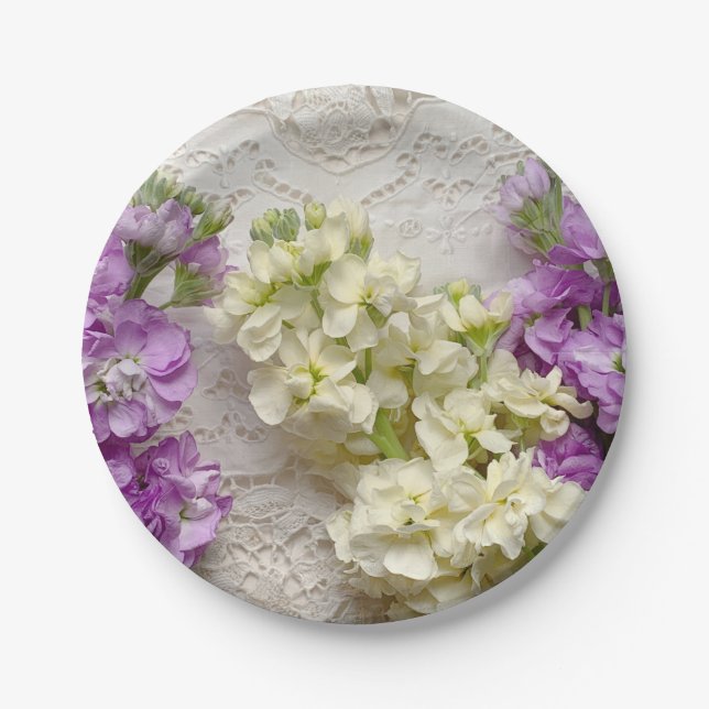 Fresh lilacs on old lace paper plates (Front)
