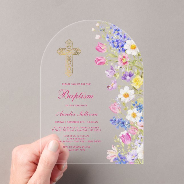 Fresh Meadow Flowers Arch Baptism Acrylic Invitations (Insitu (Handheld))