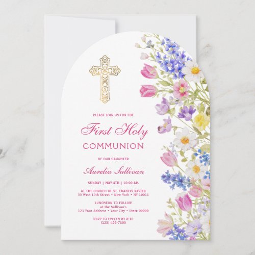 Fresh Meadow Flowers Arch First Communion Invitation