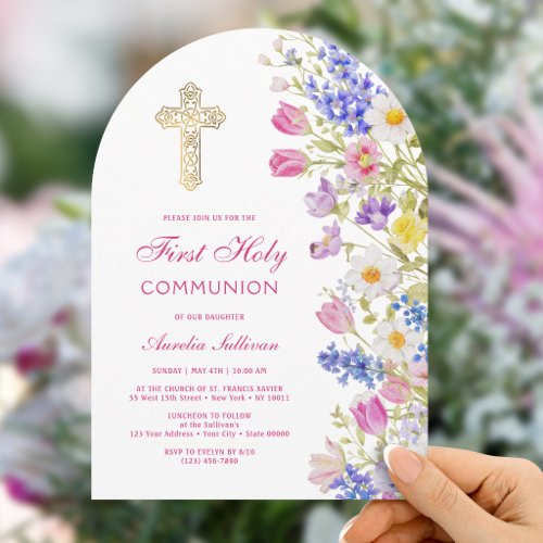 Fresh Meadow Flowers Arch First Communion Invitation