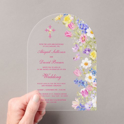 Fresh Meadow Flowers Arch Religious Wedding Acrylic Invitations