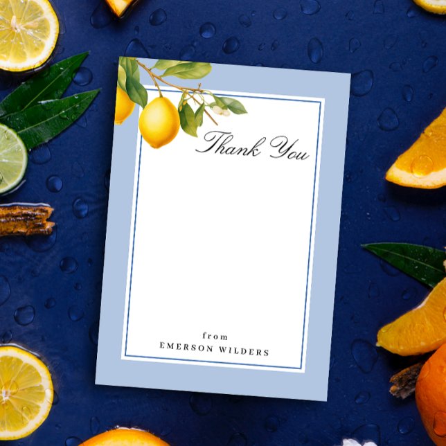 Fresh Mediterranean Lemon Blue and White Thank You Card (Chic blue and white lemon theme flat thank you note stationery. Photo by Mohammad Metri on Unsplash)