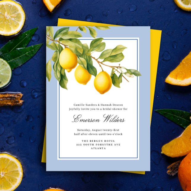 Fresh Mediterranean Lemon Bridal Shower Invitation (Elegant blue and white lemon themed bridal shower invitation. Photo by Mohammad Metri on Unsplash)