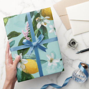 Fresh Mint Green Lemon Blossom Watercolor Pattern Wrapping Paper