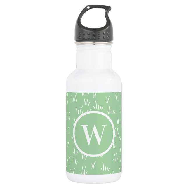 Fresh Nature | Green Grass Pattern & Monogram Stainless Steel Water Bottle (Front)