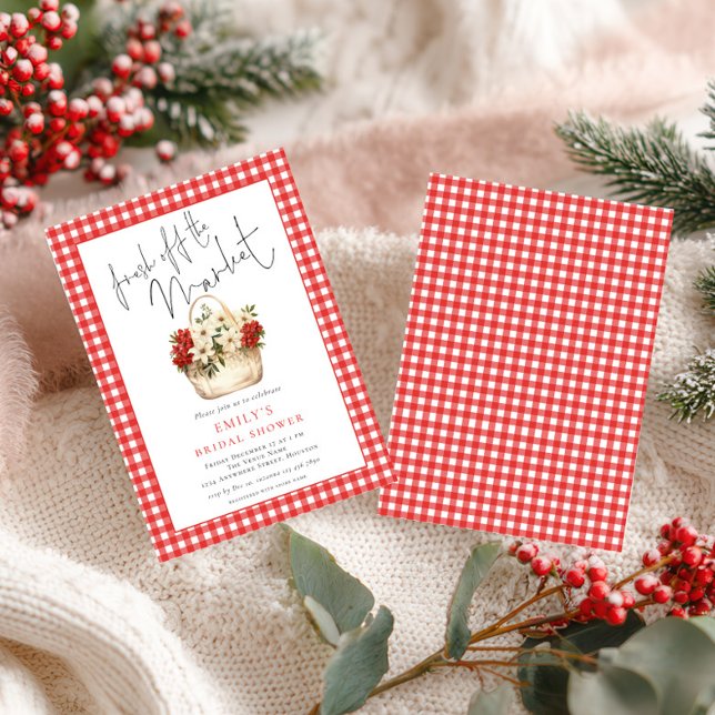 Fresh off Market Red Gingham Festive Bridal Shower Invitation (Front and back view)