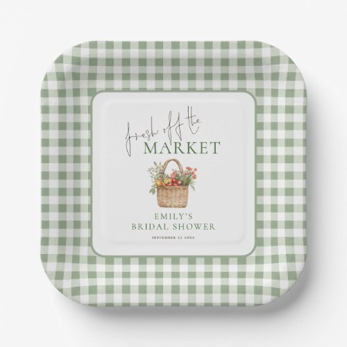 Fresh off Market Sage Gingham Bridal Shower Paper Plates