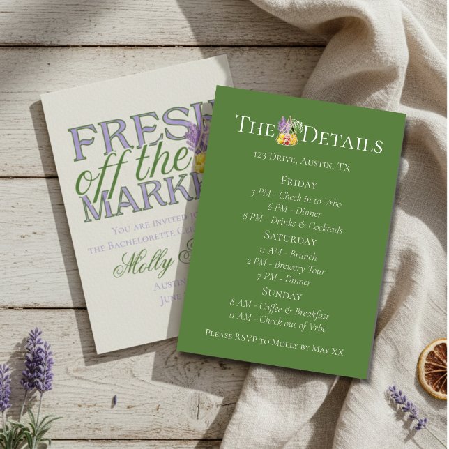 Fresh Off the Market Bachelorette Itinerary  Invitation (Celebrate your newly-engaged status in style with this elegant “Fresh Off the Market” design!)