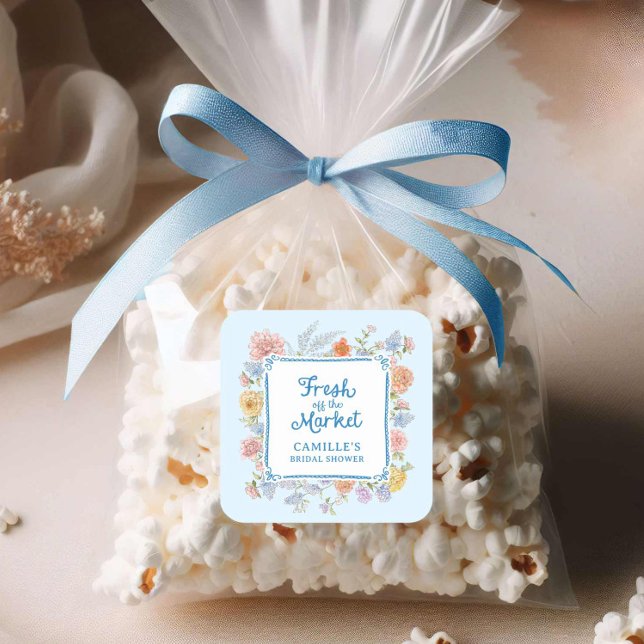 Fresh off the Market Blue Bridal Shower Square Sticker (Blue Fresh of the Market bridal shower sticker)
