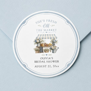 Fresh Off The Market Bridal Shower Blue And White Classic Round Sticker