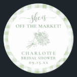 Fresh Off the Market Bridal Shower Farmers Classic Round Sticker<br><div class="desc">Add a charming finishing touch to your celebration with this Fresh Off the Market Bridal Shower Farmers Classic Round Sticker. Designed in a soft sage green palette, this sticker features hand-drawn floral and gingham watercolor elements, perfectly blending whimsical charm with a modern, market-inspired bridal shower theme. If you need assistance...</div>