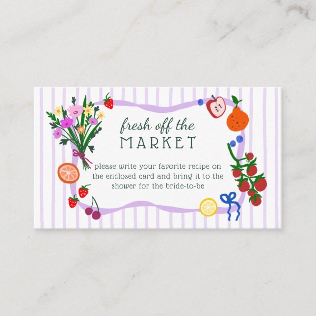 FRESH OFF THE MARKET Bridal Shower Recipe Request Enclosure Card (Front)