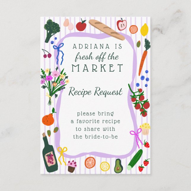 FRESH OFF THE MARKET Bridal Shower Recipe Request Enclosure Card (Front)
