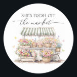 Fresh Off The Market Bridal Shower Watercolor Classic Round Sticker<br><div class="desc">Add a charming touch to your bridal shower with this “Fresh Off the Market” watercolor round sticker. Perfect for sealing favors,  invites,  or gifts,  it brings a stylish and personal feel to your celebration.</div>