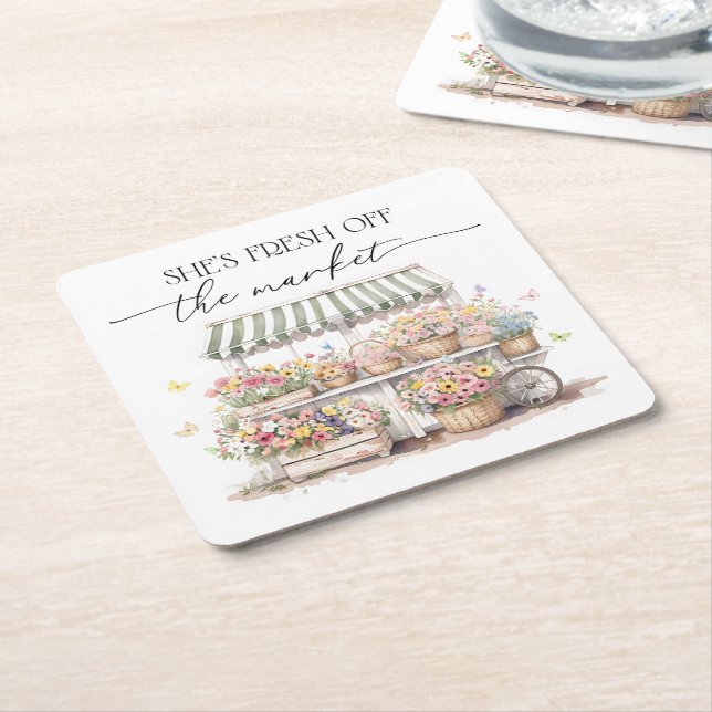 Fresh Off The Market Bridal Shower Watercolor Square Paper Coaster (Angled)