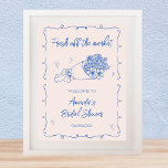 Fresh Off The Market Bridal Shower Welcome Poster<br><div class="desc">Greet your guests with charm and style using this Fresh Off the Market bridal shower welcome poster. Designed with playful elegance, it features a soft beige and blue color palette, hand-drawn flower bouquet, whimsical handwritten-style text, and delicate scribble accents for a casual yet refined look. The bold Fresh Off the...</div>