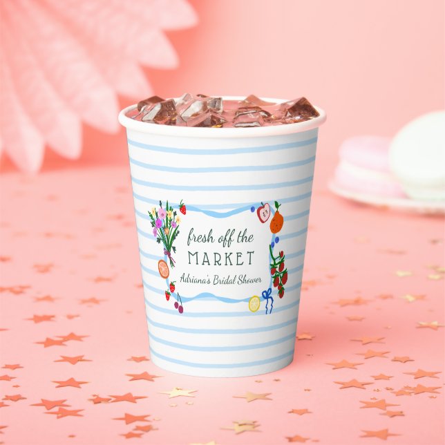 FRESH OFF THE MARKET Cute Custom Bridal Shower Paper Cups (Insitu)