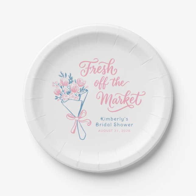 Fresh Off The Market Dusty Blue Pink Bridal Shower Paper Plates (Front)