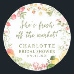 Fresh off the Market Farmers Bridal Shower  Classic Round Sticker<br><div class="desc">Add a playful and stylish touch to your favors with this Fresh Off the Market Farmers Bridal Shower Classic Round Sticker. Designed with a whimsical, modern aesthetic, it features a charming combination of watercolor fruits, vegetables, and delicate floral details in a soft, colorful palette of sage green, peach, blush pink,...</div>