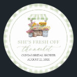 Fresh Off The Market Farmers Market Bridal Shower Classic Round Sticker<br><div class="desc">🌻🌿 Add a rustic touch to your celebration with our She’s Fresh Off the Market Bridal Shower Classic Round Sticker! Featuring a charming watercolor farmer’s market stand with a green gingham border, bright sunflowers, and cozy country style, this sticker is perfect for sealing envelopes, decorating favor bags, or adding flair...</div>