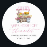 Fresh Off The Market Farmers Market Bridal Shower Classic Round Sticker<br><div class="desc">Fresh Off The Market and ready to celebrate! 🛒💐 These adorable classic round stickers are the perfect finishing touch for your farmers market–themed bridal shower! Featuring playful pink wildflowers and vintage charm, they’re ideal for sealing envelopes, favor bags, jars, or anything that needs a little extra love. 🌸🍓💌 Sweet, rustic,...</div>