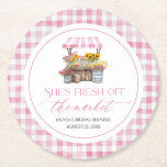 Fresh Off The Market Farmers Market Bridal Shower Round Paper Coaster<br><div class="desc">She Is Fresh Off The Market and serving up charm! 🛒🌸🥂 These adorable square paper coasters are the perfect detail for your farmers market–themed bridal shower. Featuring soft pink wildflowers, rustic market flair, and a hint of pink gingham, they add a fresh and feminine touch to drink stations, place settings,...</div>