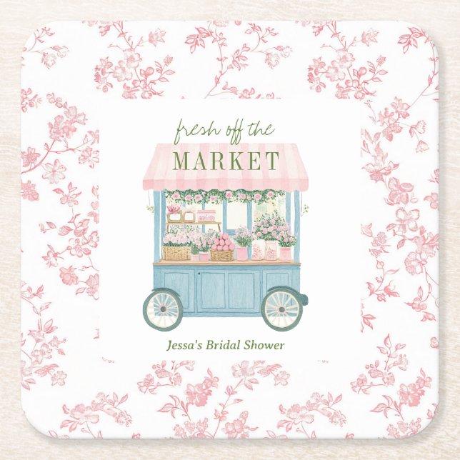Fresh Off The Market Floral Farmer's Bridal Shower Square Paper Coaster (Front)