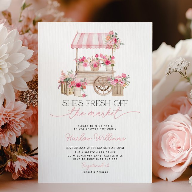 Fresh off the Market Flower Market Bridal Shower Invitation (She's fresh off the market. Bridal Shower invitation with pink flower cart and pink flowers. )