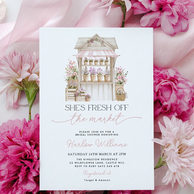 Fresh off the Market Flower Pink Bridal Shower  Invitation (She's fresh off the market! Flower cart Bridal Shower Invitation | Pink Flowers)