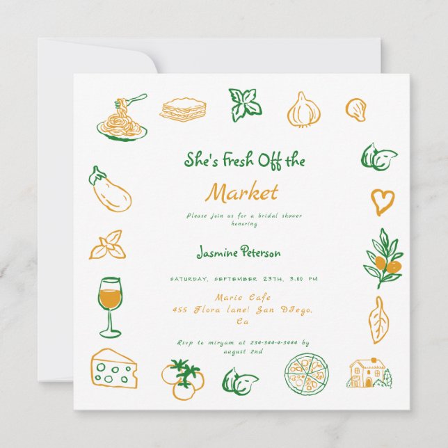 Fresh Off The Market Hand Drawn  Bridal Shower Invitation (Front)