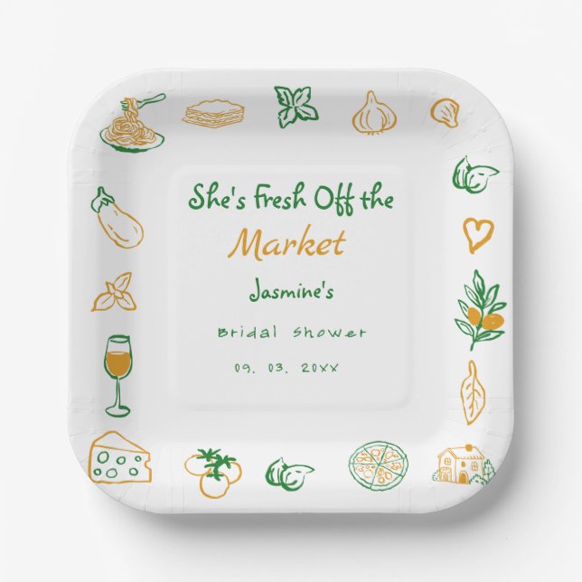 Fresh Off The Market Hand Drawn  Bridal Shower Paper Plates (Front)