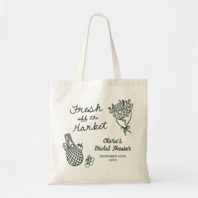 Fresh Off The Market Hand Drawn Bridal Shower Tote Bag (Front)