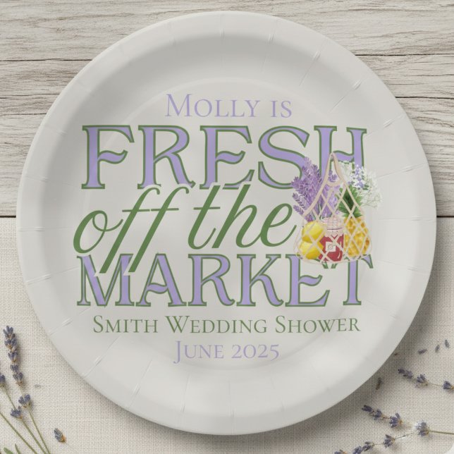 Fresh Off the Market Modern Bridal Shower Paper Plates (Celebrate your newly-engaged status in style with this elegant “Fresh Off the Market” design!)
