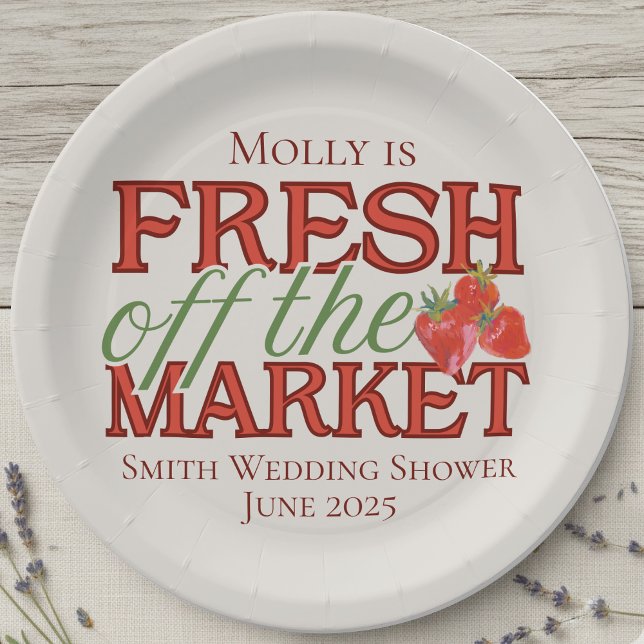 Fresh Off the Market Modern Bridal Shower Paper Plates (Celebrate your newly-engaged status in style with this elegant “Fresh Off the Market” design!)