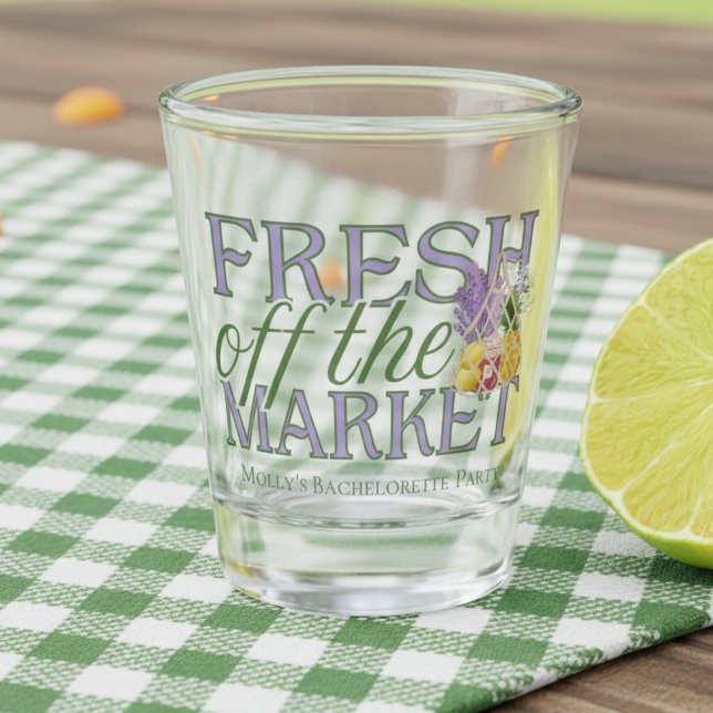 Fresh Off the Market – Personalized Modern Bridal Shot Glass (Celebrate your newly-engaged status in style with this elegant “Fresh Off the Market” design!)