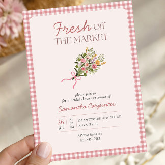 Fresh off the market pink gingham bridal shower invitation