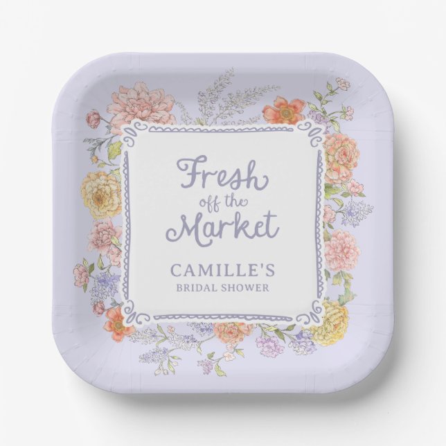 Fresh off the Market Purple Floral Bridal Shower  Paper Plates (Front)