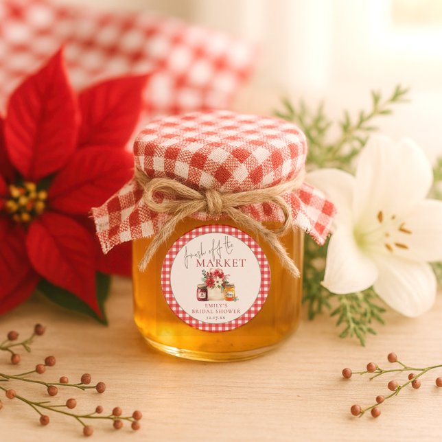 Fresh Off The Market Red Gingham Bridal Shower Classic Round Sticker (Creator Uploaded)