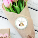Fresh Off The Market Sage Gingham Bridal Shower Classic Round Sticker<br><div class="desc">Fresh Off The Market Sage Gingham Bridal Shower. The words “fresh off the” are in a modern set script and easily personalise name,  occasion and date</div>