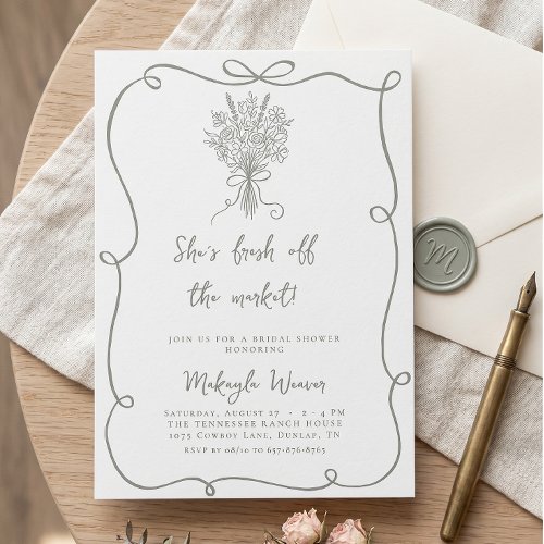 Fresh Off The Market Sage Green Bridal Shower Invitation