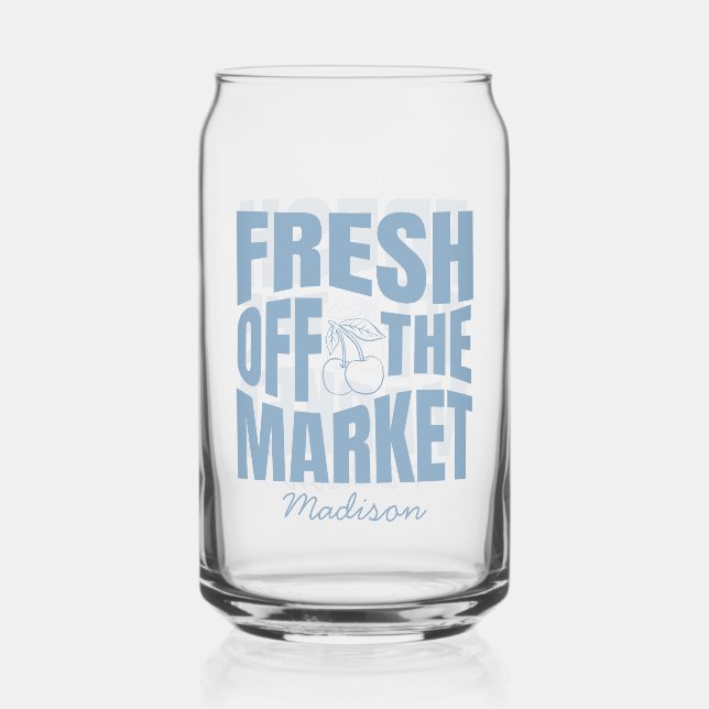 Fresh Off the Market Whimsical Blue Bridal Shower Can Glass (Front)