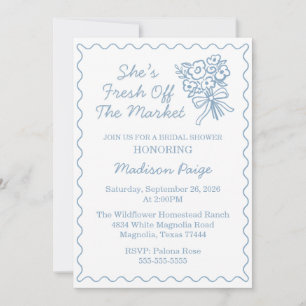 Fresh Off the Market Whimsical Blue Bridal Shower Invitation