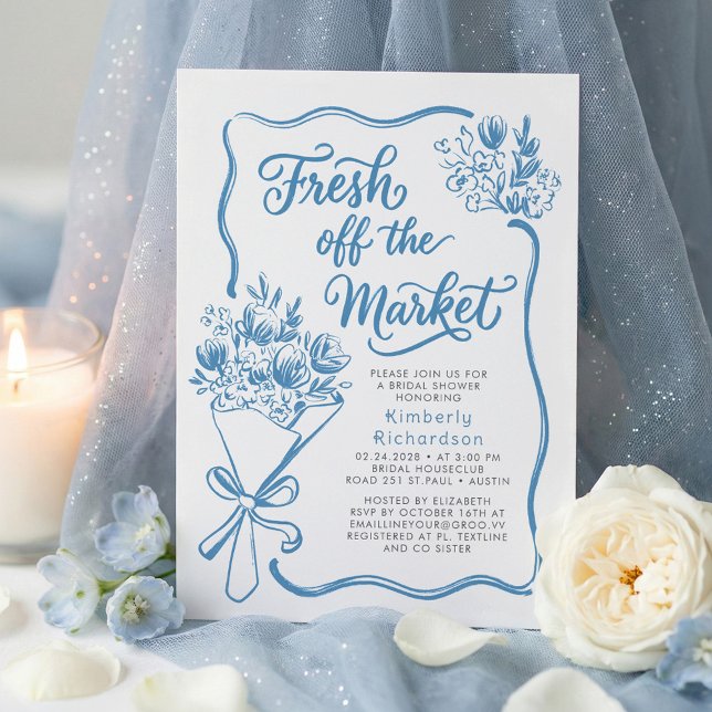 Fresh Off The Market Whimsical Drawn Bridal Shower Invitation (Fresh Off The Market Whimsical Hand Drawn Dusty Blue Bridal Shower Invitation)