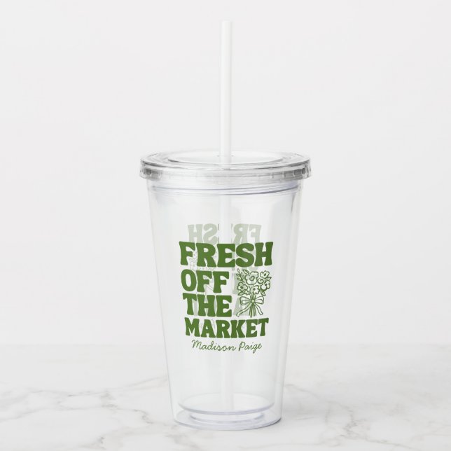Fresh Off the Market Whimsical Green Bridal Shower Acrylic Tumbler (Front)