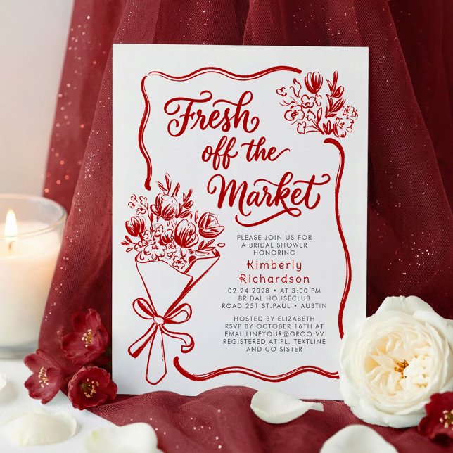Fresh Off The Market Whimsical Red Bridal Shower Invitation (Fresh Off The Market Burgundy Red Hand Drawn Whimsical Bridal Shower Invitations)